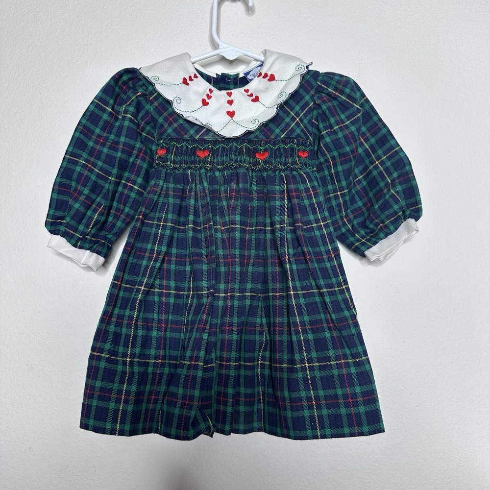Carriage Boutiques Baby Girl Dress 12M Blue Smocked Heart Puff Sleeve Vintage